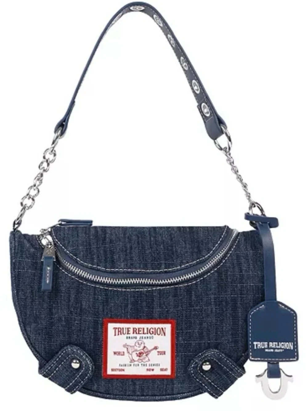 True Religion Denim Classic Logo Grommet Chain Strap Hobo Handbag